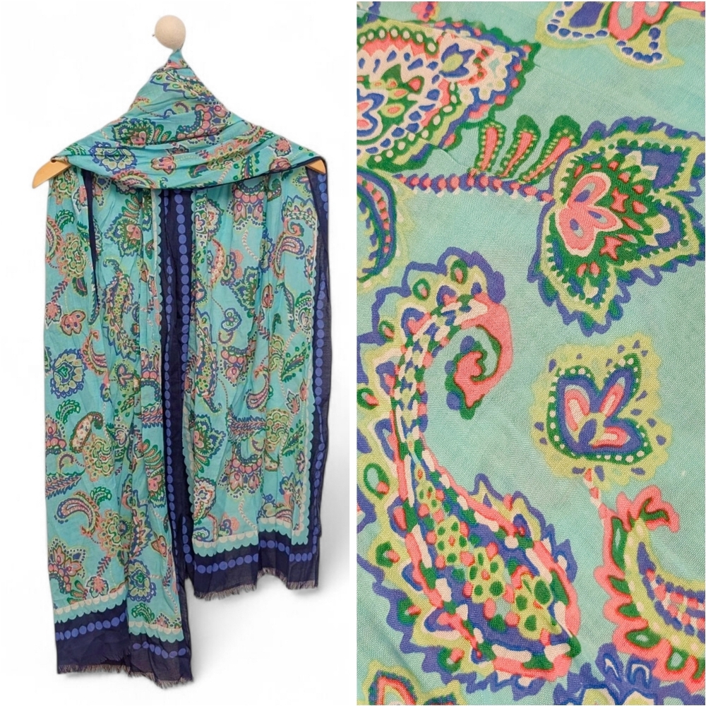 TALBOTS Colorful Oblong Floral Scarf Navy Blue Aqua Green Coral Pink 72x27 New - Picture 11 of 12